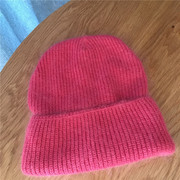 韩国单~无法抗拒的温柔玫红色 毛线帽女兔毛帽子糖果色针织帽秋冬