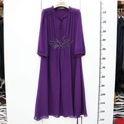 24-030紫色中年妈妈大码女装，中袖雪纺钉珠，绣花连衣裙子春夏款长裙