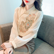 新中式国风刺绣衬衫女长袖，内搭雪纺上衣，高级感秋装2023打底衫