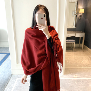 复古风红色围巾女秋冬季韩版仿羊绒超大尺寸长款酒红婚礼披肩