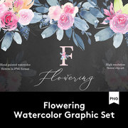 手绘水彩花卉花圈大写英文字母剪贴画PNG印刷品平面设计素材包