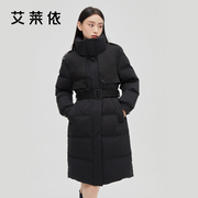 艾莱依中长款风衣羽绒服女冬装时尚简约鸭绒设计黑色保暖外套