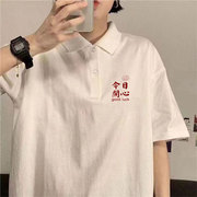 白色网红短袖翻领学院风夏宽松polo衫女设计感小众高级感纯棉T恤