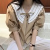 韩国chic夏季法式小众甜美领口系带蕾丝边娃娃领泡泡袖衬衫上衣女