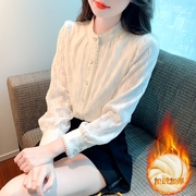 冬季韩版加绒加厚蕾丝打底衫立领泡泡袖上衣气质显瘦女小衫