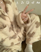 韩国ins可爱小熊珊瑚，绒睡衣女冬季加厚加绒保暖蕾丝边家居服套装