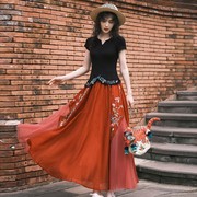 民族风时尚套装女夏季汉元素刺绣复古国风改良T恤上衣纱裙两件套
