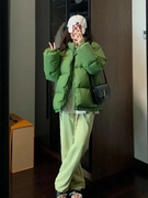 绿色羽绒服女秋冬立领韩版宽松情侣加厚面包服小个子舒适外套