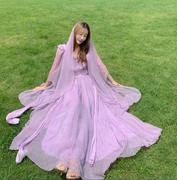 春夏紫色度假连衣裙方领喇叭袖超仙长裙大裙摆连衣裙沙滩裙