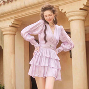 设计师品牌 Warm Aid 紫色波光长袖V领气质收腰蛋糕连衣裙 23春新