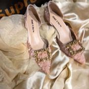 rv水钻方扣粉色法式高跟鞋，婚鞋仙女风中空尖头细跟主婚纱伴娘单鞋