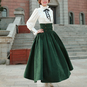 Lace Garden魔法学院 复古灯笼袖白色衬衫绿高腰封大摆裙套装