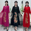 新中式民族风中年妈妈假两件套重工刺绣凤凰七分袖连衣裙中国风