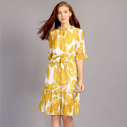 夏季大码女装姜黄色印花松紧腰带收腰中袖木耳荷叶边雪纺连衣裙子