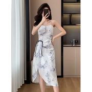 新中式雪纺吊带连衣裙子，夏季2024年无袖，女装国风复古气质显瘦