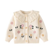 韩国童装女童可爱洋气米色花朵刺绣毛衣外套婴幼儿秋冬装针织开衫