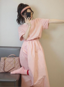夏装成套搭配减龄一整套小个子显瘦遮肉条纹短袖粉色裙子休闲套装