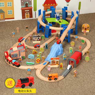 木质小火车轨道伐木场停车库，场景套装兼容brio米兔玩具拼装停车场