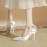 法式白色高跟鞋细跟配裙子，礼服蝴蝶结尖头，单鞋女主婚纱婚鞋新娘鞋