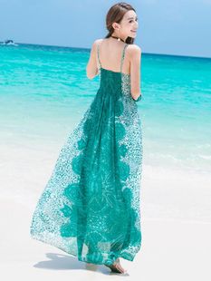 泰国风情裙子海边度假拍照连衣裙波西米亚超仙长裙女翠绿色沙滩裙