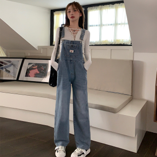 2023春装设计感小众胖mm大码复古牛仔，背带裤女韩版宽松直筒连体裤