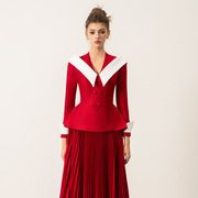 品牌授权 越南小众CICI2023年冬季正红色顺滑质感西装套装裙