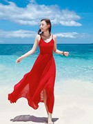 红色长裙显瘦显高气质性感，海南三亚拍照吊带裙云南丽江旅游连衣裙