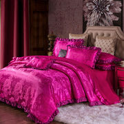 圣安贝四件套1.8米床韩式花边，床裙式床单式婚庆床品国色牡丹玫红