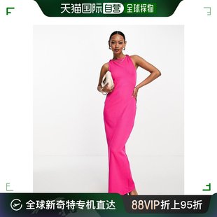 香港直邮潮奢 ASOS 女士设计扭纹背罗纹粉色中长连衣裙