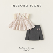 INSbobo女童衬衫短裙两件套可爱小飞袖女童装时髦套装女孩衣服