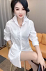 网红衬衫女长袖2024春季白色，韩范中长款韩版翻领休闲显瘦衬衣