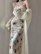 大码新中式水墨印花丝绒吊带连衣裙女秋季高级感国风气质修身长裙