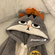 睡袍男冬季加厚加绒可爱2023年卡通猫咪可外穿珊瑚绒睡衣套装