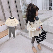 女童套装春秋装2021韩版女宝宝，洋气时髦两件套儿童娃娃领衬衫