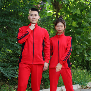 中国红安体育冬季男女，情侣加绒保暖休闲运动套装广场舞健身