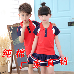 幼儿园园服夏装，小学生校服夏季纯棉，短袖运动套装班服红白