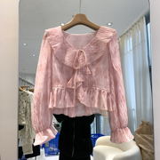 x.xiu新袖韩系2024春装粉色温柔风超仙甜美荷叶边长袖衬衫