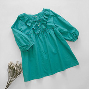 日本夏季甜美松石绿荷叶边系带，衬衫纯棉宽松七分袖，娃娃衫中袖衬衣