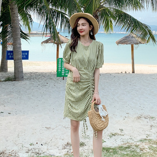 酷伽韩版中裙法式复古格子短袖修身抽绳设计高腰连衣裙7116