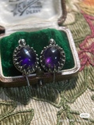 紫水晶老制式爪镶通体925银耳钩，意大利设计做旧椭圆宫廷复古