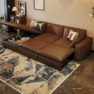 意式真皮沙发头层牛皮复古风客厅豆腐块折叠沙发组合小户型沙发床