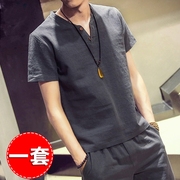 夏季亚麻短袖t恤男士复古v领上衣韩版棉麻套装，中国风半袖麻料衣服