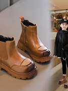 女童冬季短靴2023韩版儿童，鞋子马丁靴加绒，中筒靴女宝棕色棉靴