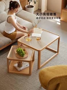原始原素实木茶几现代简约橡木，家具小户型大小组合玻璃茶台l7072