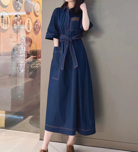 品哥弟新2023夏秋季女士时尚韩版气质系带长款宽松短袖连衣裙