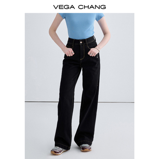 vegachang黑色牛仔裤女2024年春季中高腰，明线直筒阔腿裤子