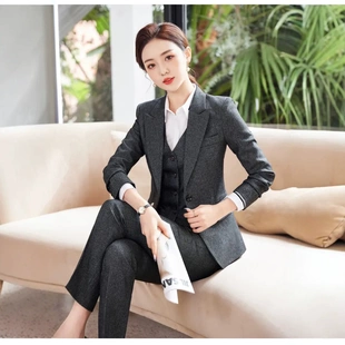 2025春秋新款职业装女士长袖西装马甲套装大码套装商务正装工作服