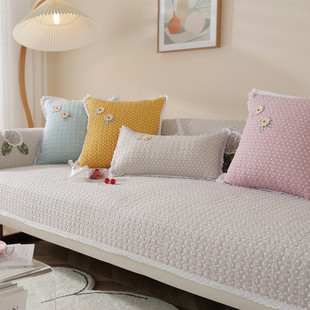 纯棉彩色四季通用沙发垫绗缝布艺，防滑全棉坐垫子，韩国花边飘窗垫
