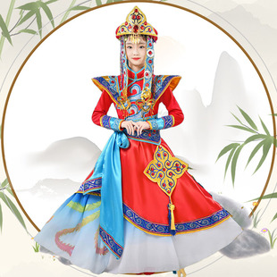 蒙古服装现代儿童女，日常舞蹈演出服中长款古典元素，高端民族风盛装