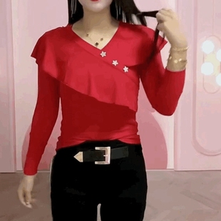 荷叶边弹力红色长袖T恤女v领修身上衣时尚洋气时髦打底小衫潮